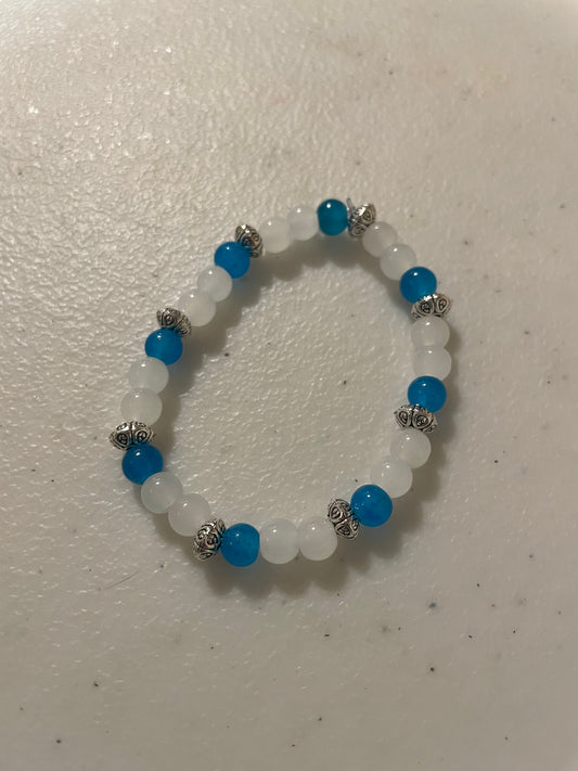 Blue & White Beaded Stretch Bracelet with Silver Accents