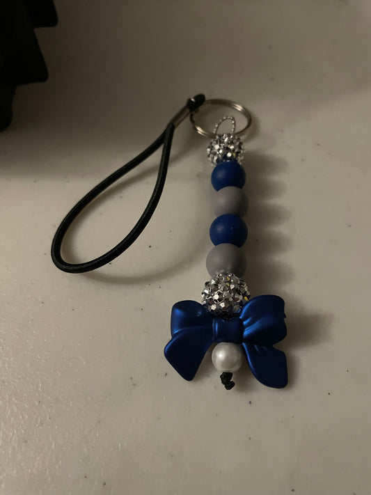 Blue Bow Beaded Wristlet Keychain